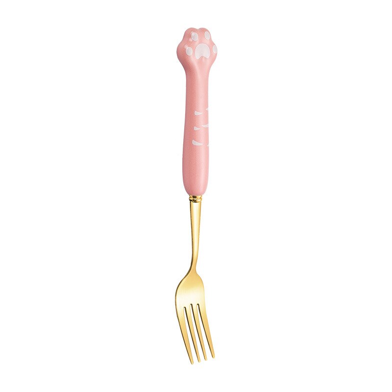 Cute cat claw ceramic 304 stainless steel tableware spoon fork chopsticks cute cartoon spoon gold spoon fork: Pink gold fork