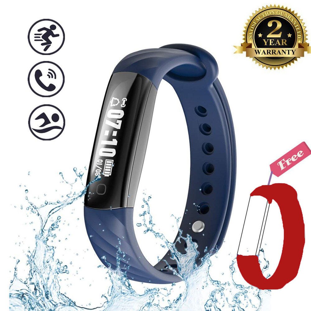 Inseguitore di Fitness Impermeabile, KENCOOL Sottile Activity Tracker Vigilanza di Forma Fisica Braccialetto Intelligente Pedometro Bluetooth Wristband di Sport Del Regalo: Blue - red band