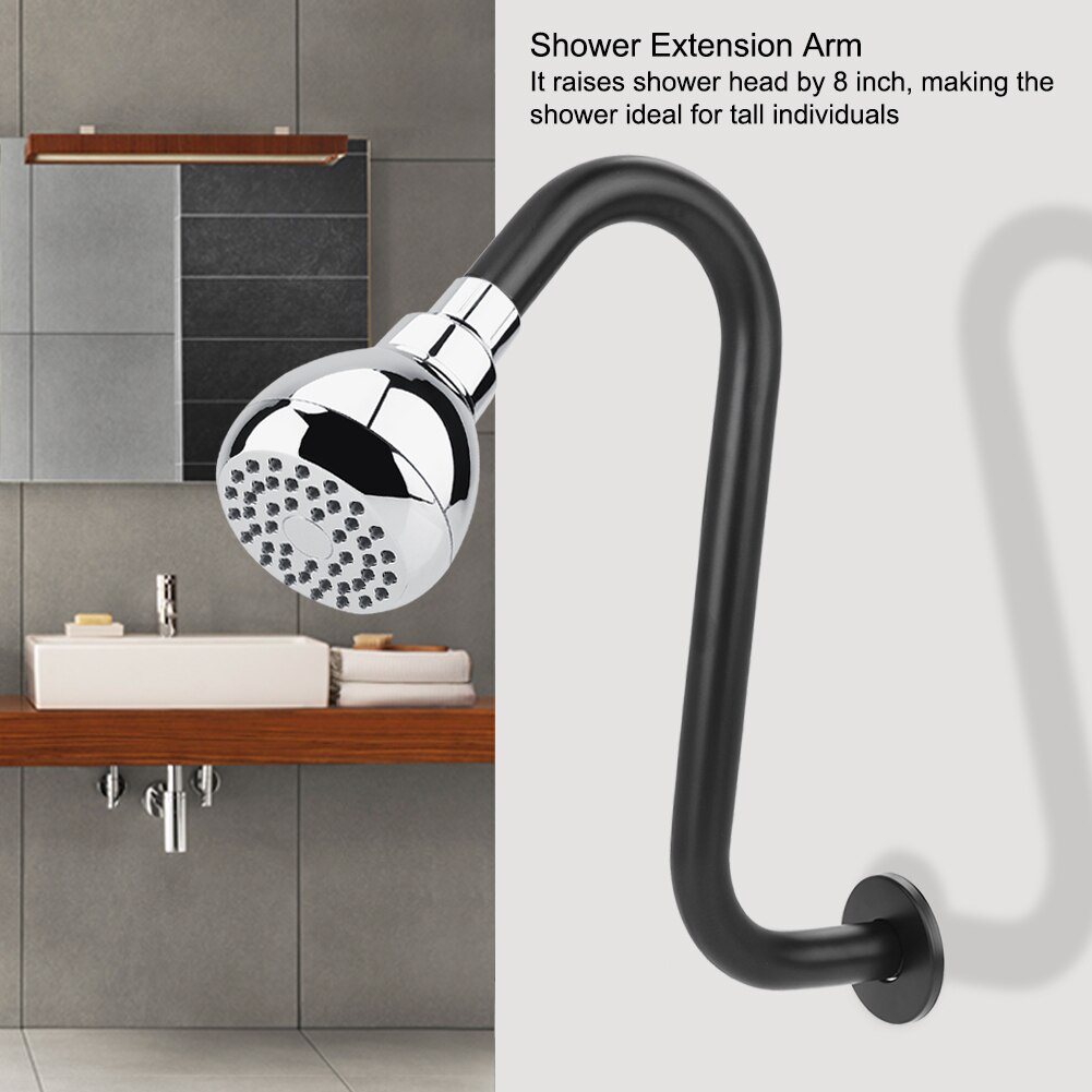 8in 201 Stainless Steel High Rise S-Curved Shower Extension Arm G1/2&quot; Bathroom Accessory Black