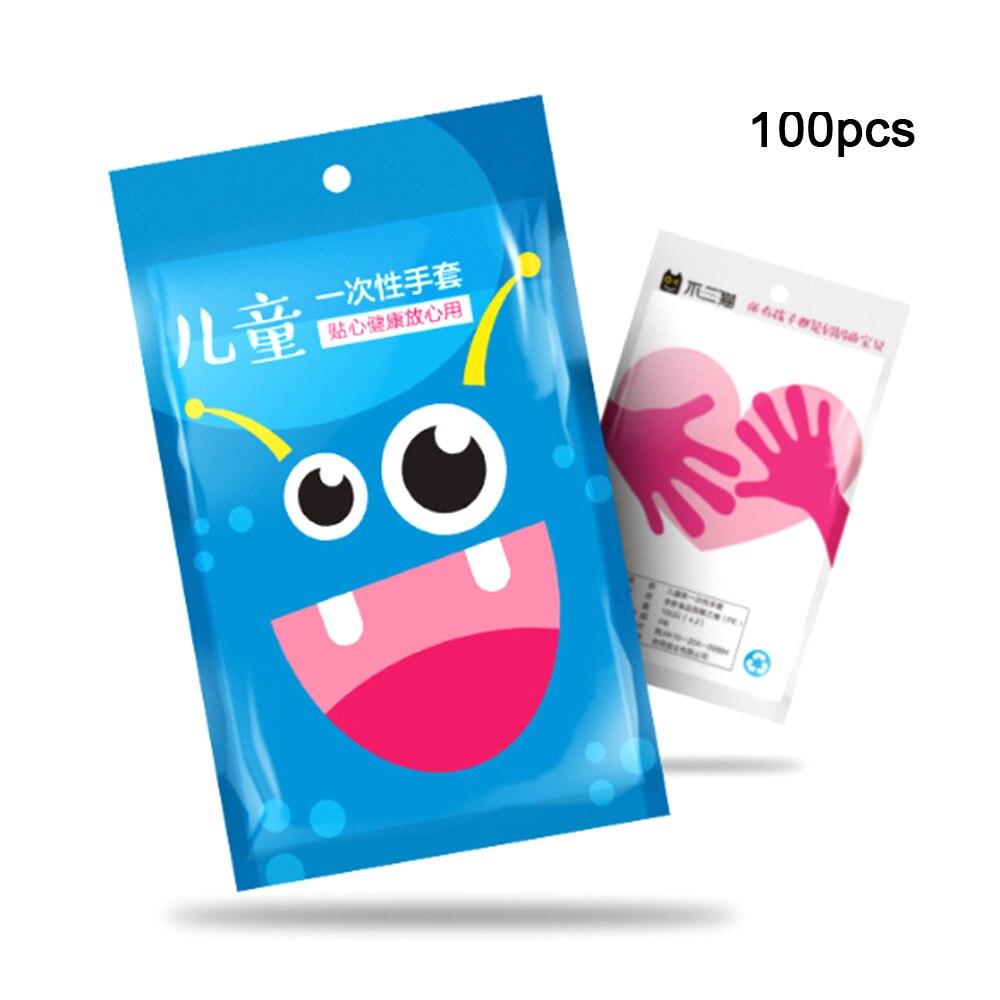 100 Pcs Children's Disposable Gloves Thick Hand Protection Gloves PE Film Plastic Gloves for 4 ~ 12 years old Kid's