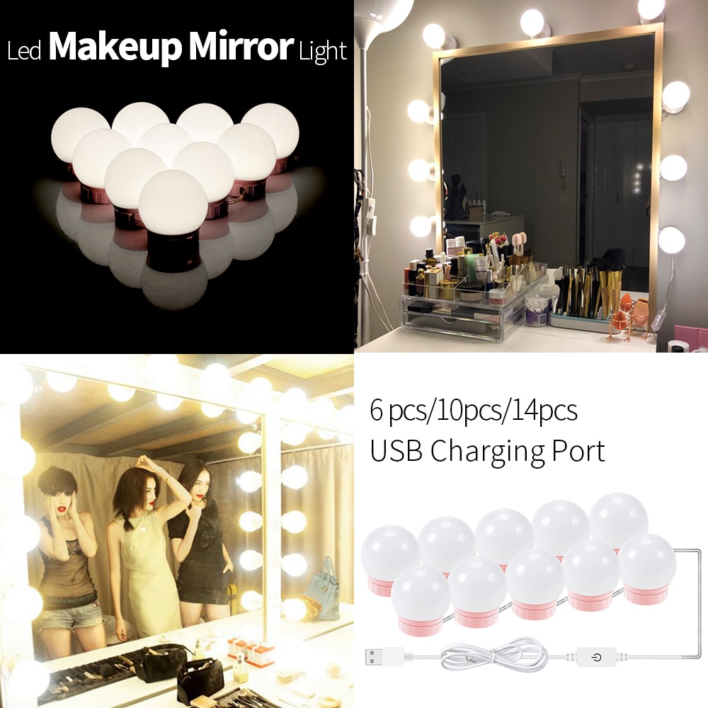 Mirror LED Dressing Light Bulb Vanity Table Light LED Makeup Mirror Lamp Hollywood USB LED Wall Lamp Stepless Dimmable Lighting