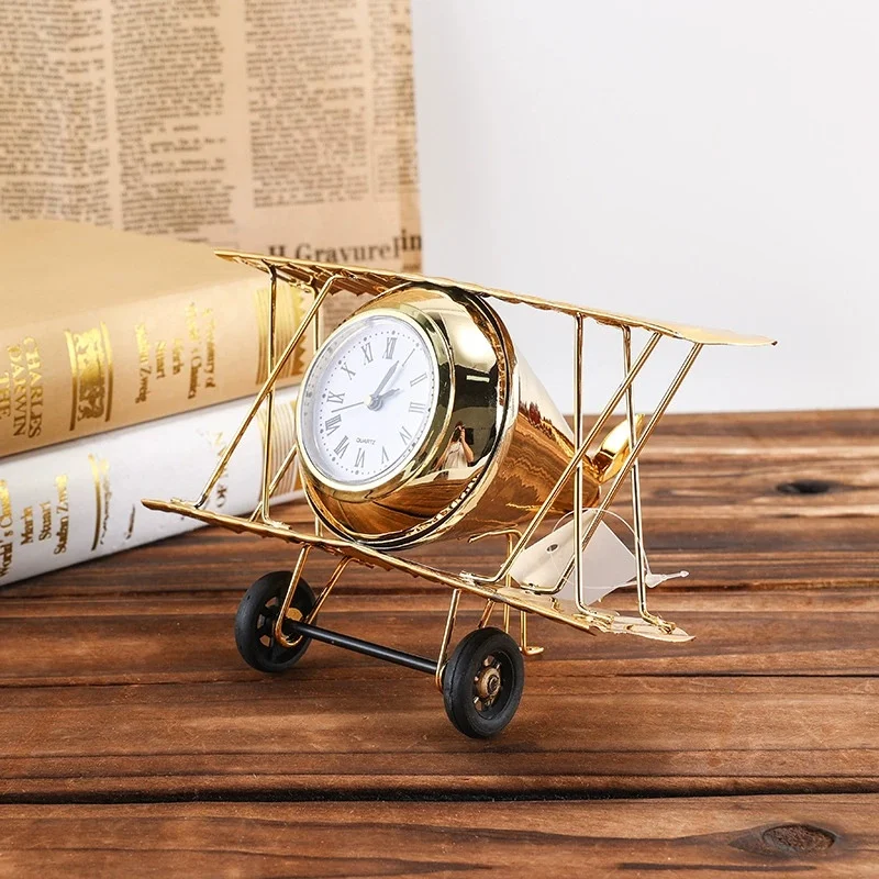 metal wrought iron airplane clock model desktop retro clock photography prop ornament office desktop decoration ornament