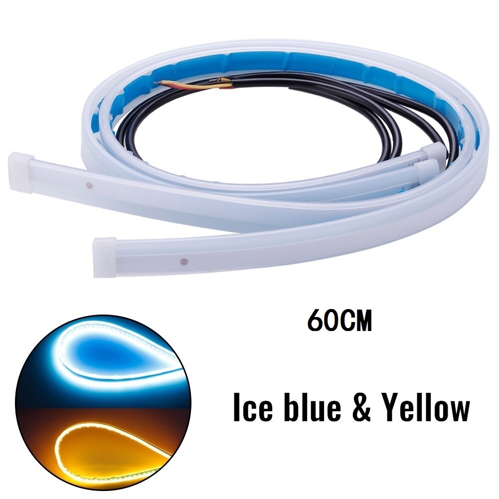 2Pcs Motorcycle DRL Daytime Running Light Waterproof Universal 12V Auto Headlight Sequential Turn Signal Yellow Flow Day Light: 60CM Ice blue Yellow