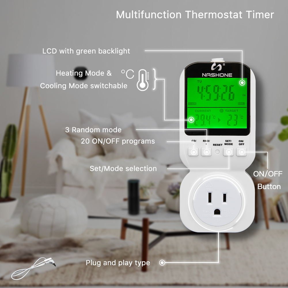 Nashone Thermostat Timer temperature sensor 7-day Programmable Thermostat Plug-in Digital Light Timer Switch with 3-prong Outlet