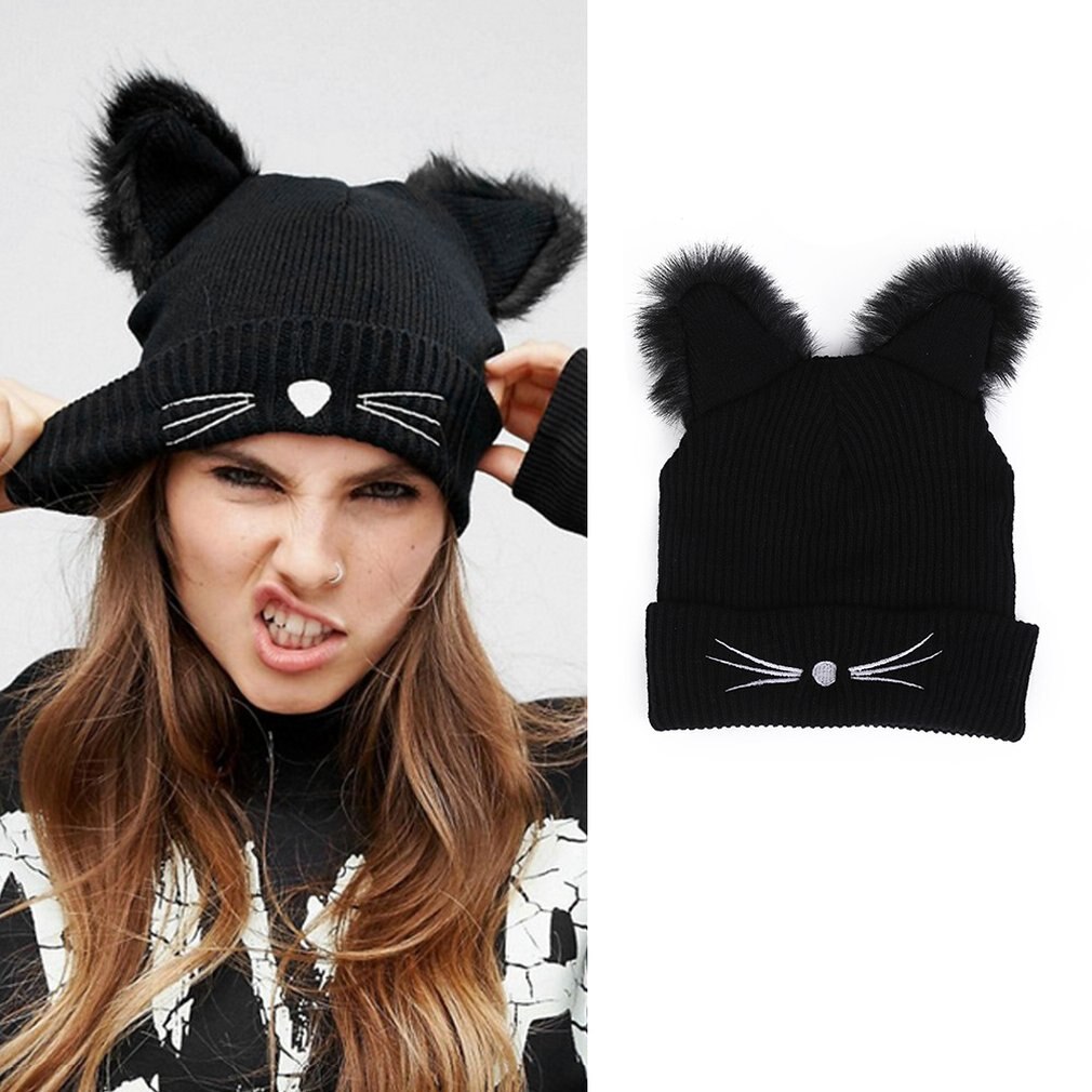 Funny Cat Ear Hat Winter Knit Cap Warm Winter Autumn Cap for Women Cap Solid Color Knitted Hat Cap