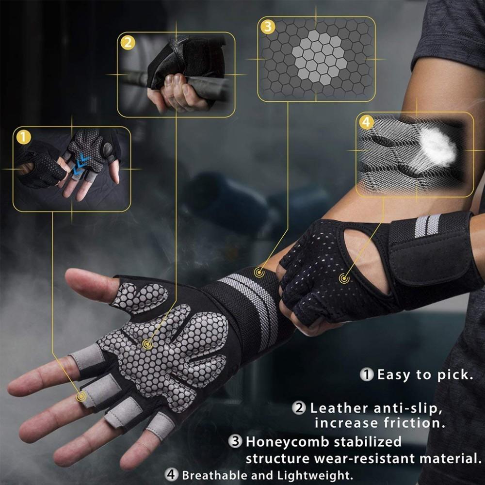Guantes de Fitness para gimnasio de medio dedo con soporte para muñeca para hombre y mujer, entrenamiento de Crossfit, equipo de levantamiento de pesas de potencia