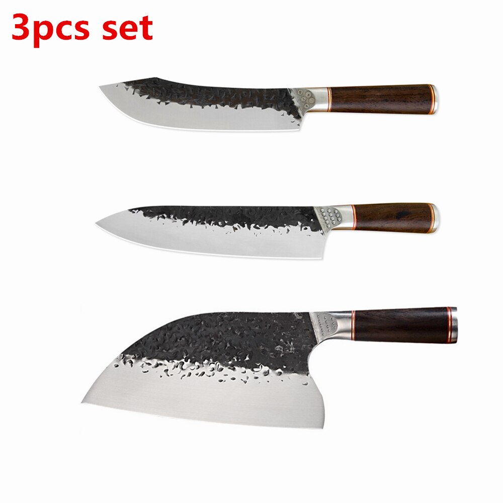 Xyj handgemaakte gesmede koksmessenset slachten hakmes snijmes vlees vis groente kookaccessoire gereedschap houten handvat: Een set van .3 stuks