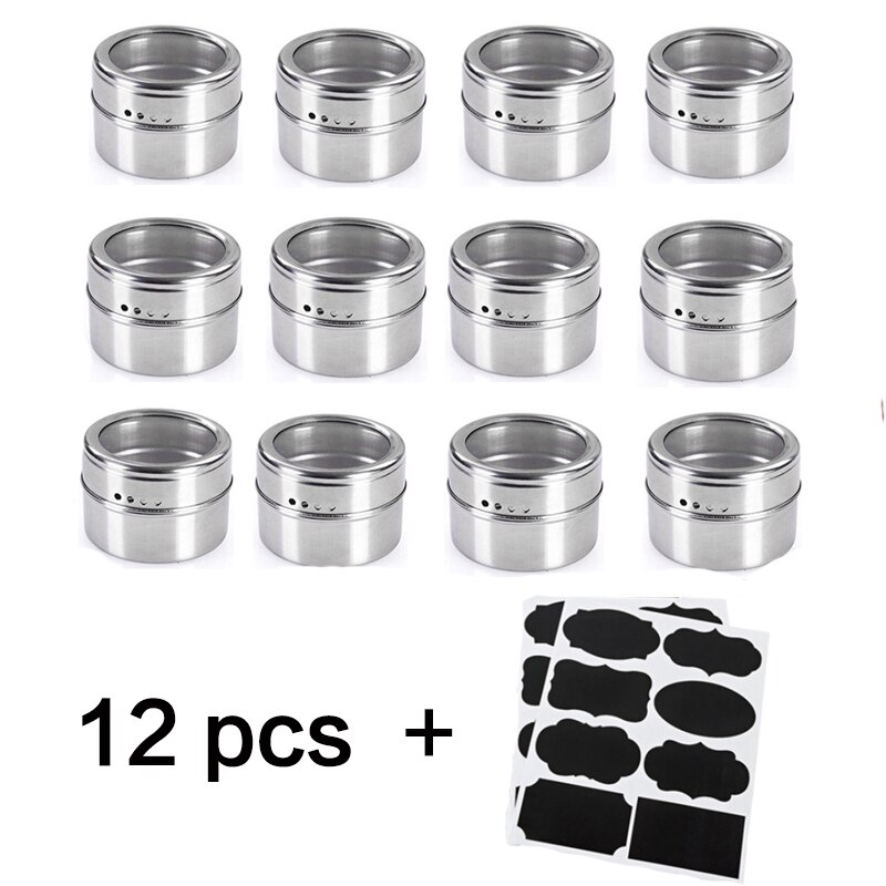 Magnetic Spice Jar Set With Stickers Stainless Seasoning Sprays Tools seasoning bottle Steel Spice Storage Tins Container Pepper: 12 pcs set