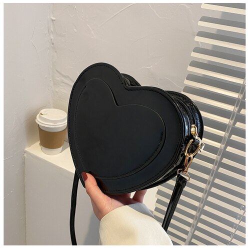 Bolso de hombro pequeño de de lujo para mujer, bandolera de piel sintética con forma de corazón, bolso de mano de noche: Negro