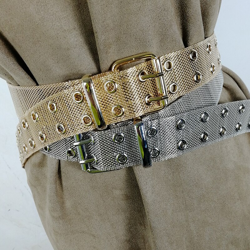 Plus size gold chain belt ladies punk belts for women two row eyelet gothic silver metal ketting riem dress cummerbunds style