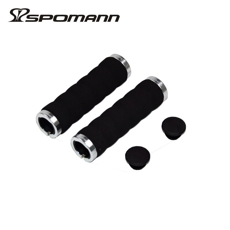 SPOMANN Soft Sponge Cycling Handlebar Grips MTB Road bicycle Alloy Integrated Lockable Grip Manopla Bike Bicicleta Parts 100g: Black(Silvery)