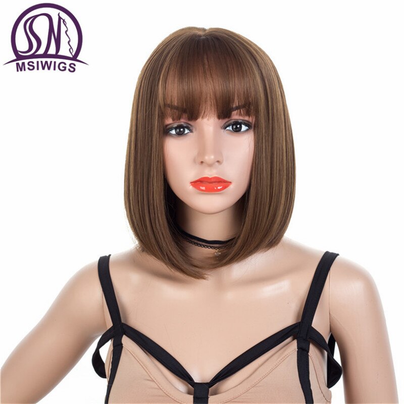 Perruques courtes marron perruques courtes Style Bob perruque de femmes noires synthétiques droites avec frange 12 pouces perruque Blonde cheveux doux