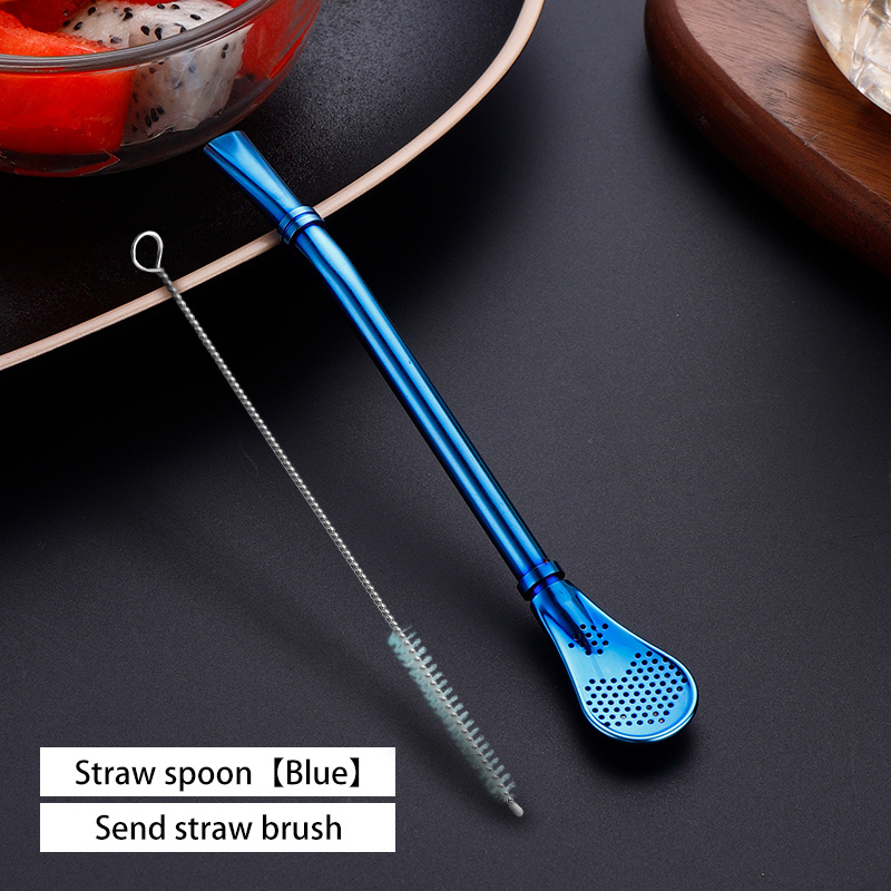 VandHome-pajita para beber, cuchara de acero inoxidable para bebidas, pajilla reutilizable, filtro de paja de té Mate, accesorios para Bar y: Blue