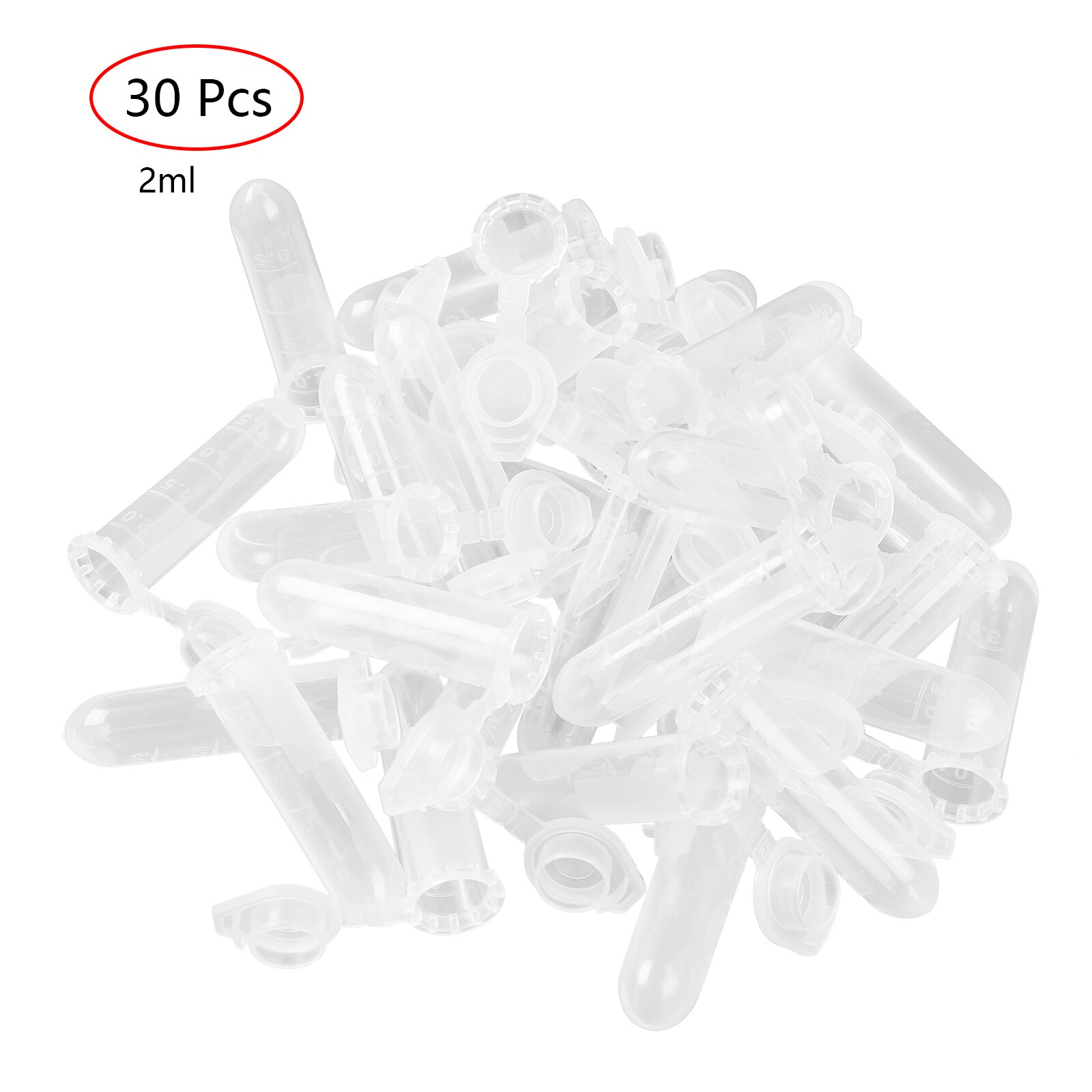 30 kleine testflesjes kweekbak van helder plastic microcentrifugebuis met schaalverdeling, lekvrije monsterpot, vloeistofextractiecontainer: 2ml capaciteit