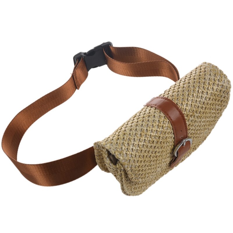 2x Women Straw Waist Chest Bag Fanny Bag Small Beach Bag Female Shoulder Messenger Bags(Pink Brown&Light Brown)