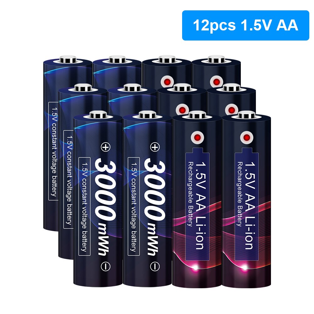 Ajnwnm 1.5v aa lithium genopladeligt batteri 3000 mwh konstant spænding 1.5v aa batteri til fjernbetjening mus blæser elektrisk legetøj: 12 stk aa batteri