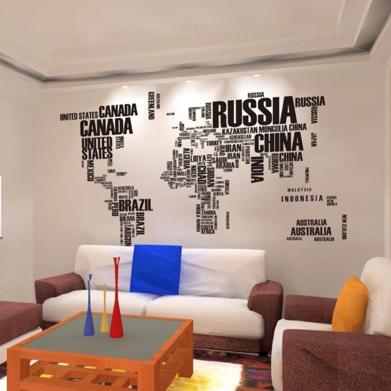Sort verden rejsekort aftagelige bogstaver wallstickers stue boligdekoration pvc decal vægmaleri kunst diy wallsticker
