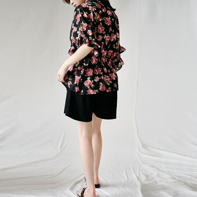 Xitao vintage print kuvio sifonki pusero kiristysnyöri naisten vaatteet kesä plus koko alaspäin kaulus paita  xj4748