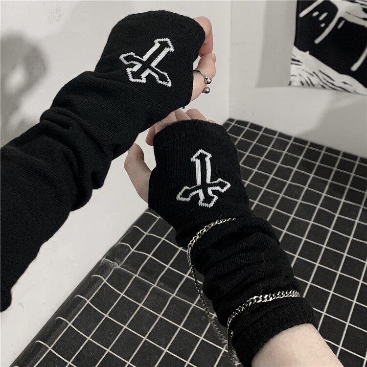 Gothic Harajuku Punk Stijl Zwarte Cross Print Half Vinger Lange Handschoen Meisje Lengte Mouw Vingerloze Handschoenen Mode Streetwear