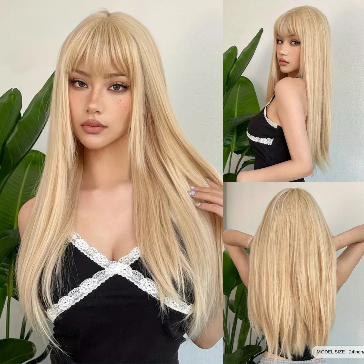 Producto, pelo largo negro natural con flequillo de ocho caracteres, peluca microenrollada para mujer, redecilla sintética transpirable: Blonde