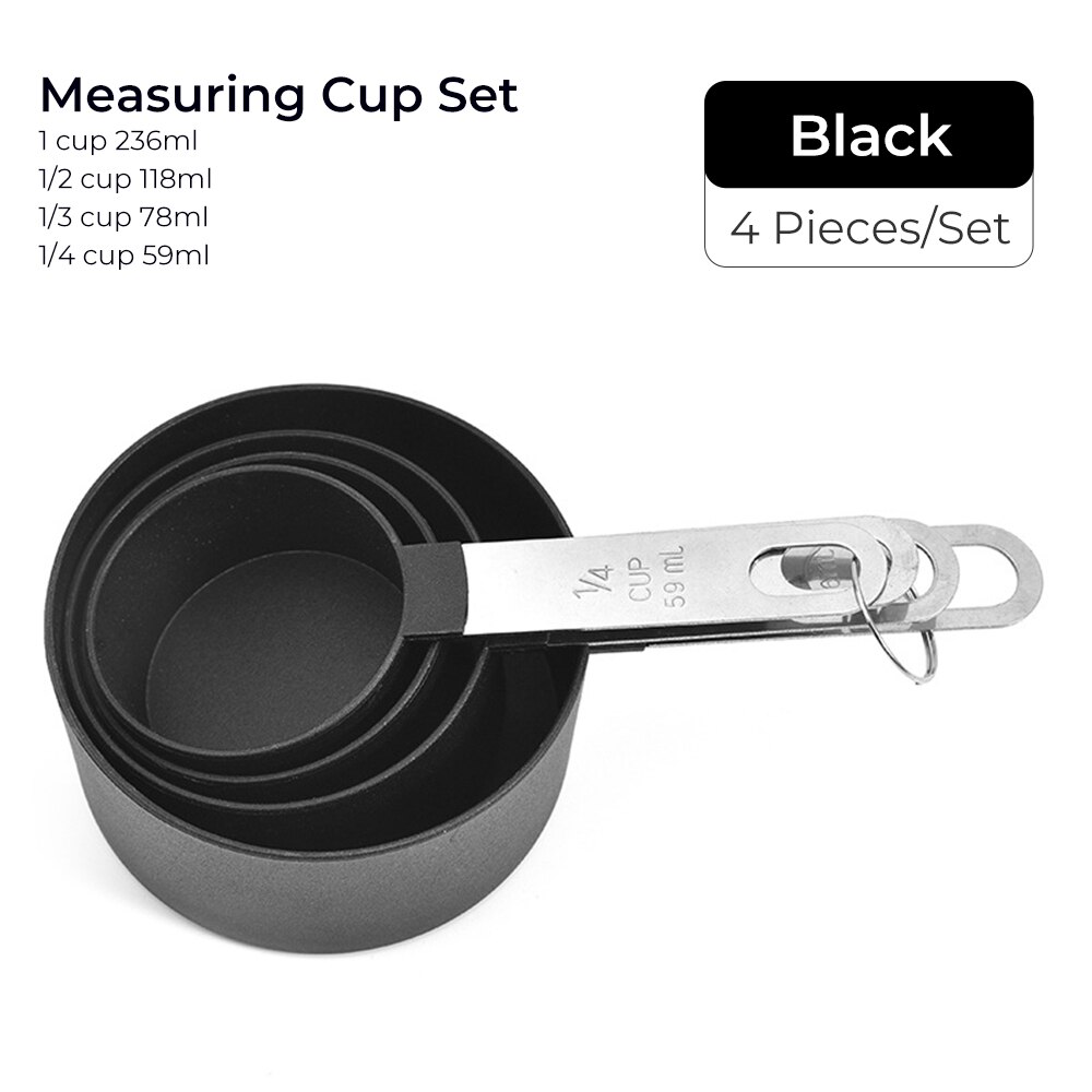 4pcs Baking Tools Kitchen Measuring Spoon Set Stainless Steel Handle Measuring Cup With Scale Measuring Spoon Kitchen Gadgets: 4pcs black cup