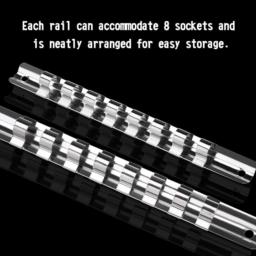 Socket Storage Rack Holder Divider 1/4" 3/8" 1/2" with 8 Clips On Rail store sockets Tool Organizer Wrench Storage Rack