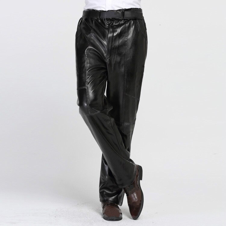 Winter zwarte motorbroek van pu-leer, grote maten, donzig, dik, warm, lang, casual, kunstleren motorbroek, herenbroek