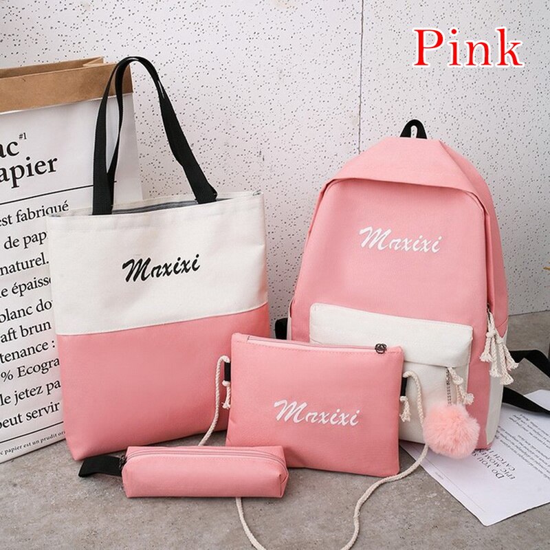 5 pçs/set mulheres mochila adolescente meninas corrente usb sacos de lona mochilas bolsa ombro feminino estudante sacos escola borla: 4pcs A Pink