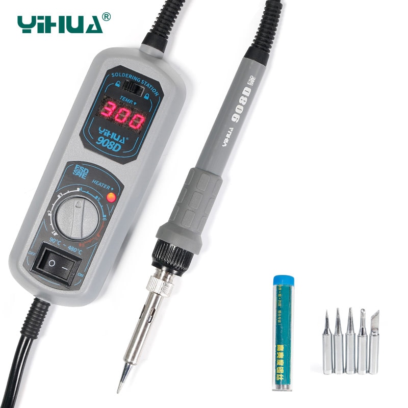 Oprindelige 220v/110v yihua 908d loddekolbe temperaturjusterbar elektrosvejsning loddekolbe  +5 tips + holder + pincet + tin