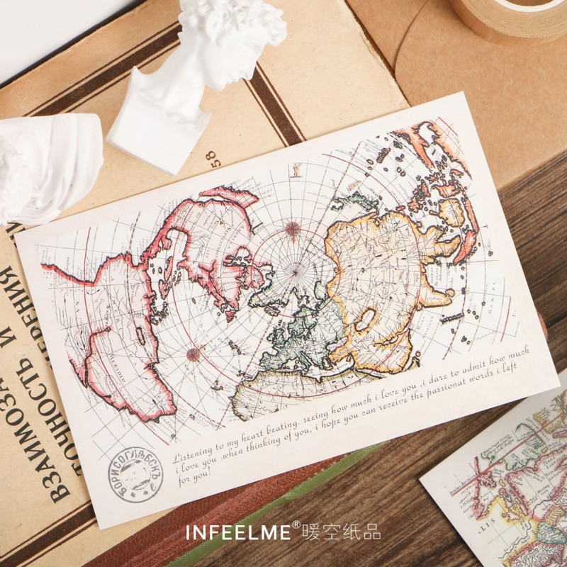 30pcs Retro World Travel Map Postcard Writable Decoration Cards Journal Wall Sticker Photo Props Greeting Paper Stationery