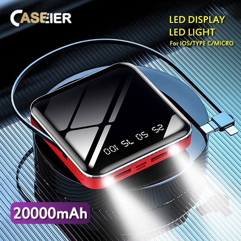 CASEIER Mini 20000mAh Power bank 10000mAh Powerbank For iPhone 11 X XR Xiaomi Mi9 Huawei P30 Mirror Screen With Cables Poverbank