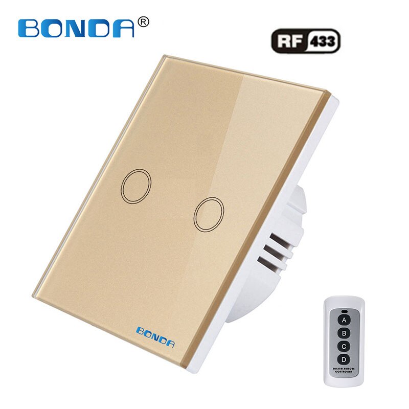Bonda Wall Switch, Eu Standaard, Wit Kristal, Gehard Glas Panel, Touch Schakelaar, touch Screen Remote Contro Ac220v, 1Gang 1way: RF gold two