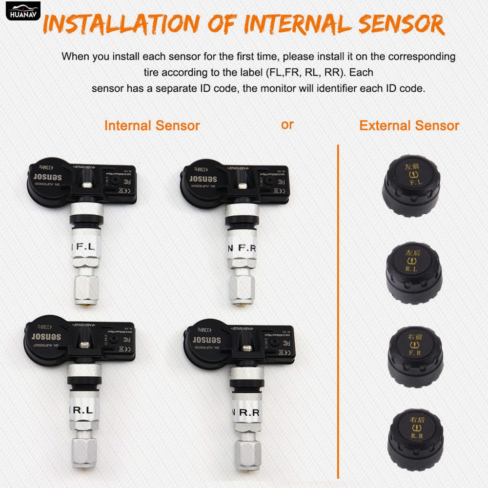HUANAV USB Android TPMS Tire Pressure Monitoring System Display Alarm System 5V Internal Sensors Navigation Car Radio 4 Sensors
