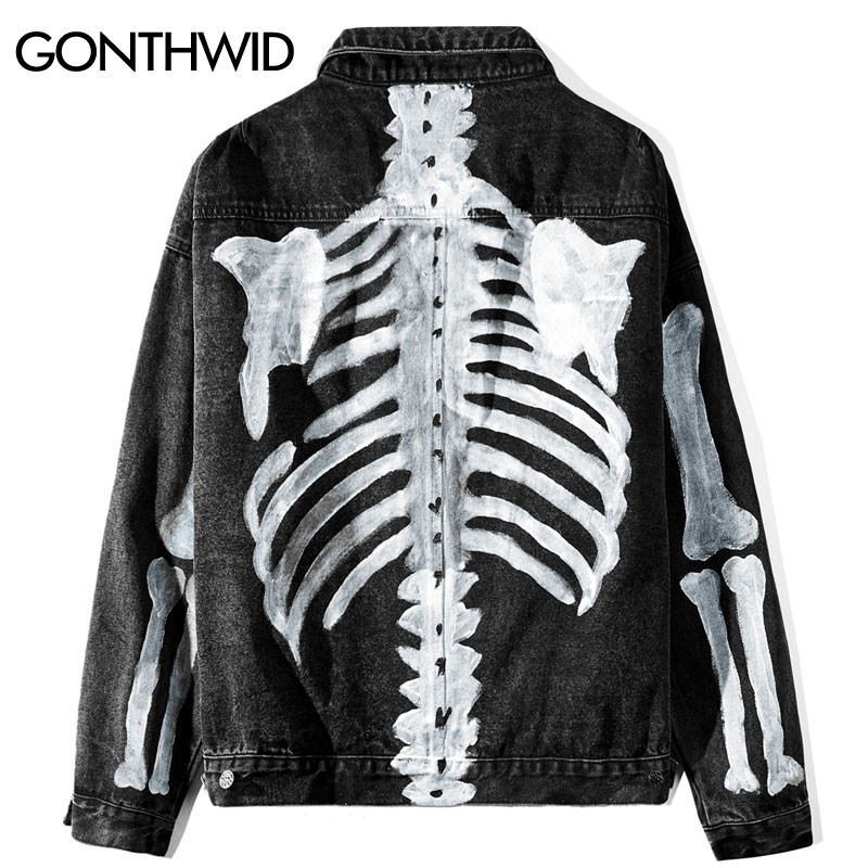 GONTHWID Graffiti esqueleto huesos imprimir chaqueta de mezclilla Streetwear hombres Hip Hop Punk Rock Jean abrigos Casual chaquetas
