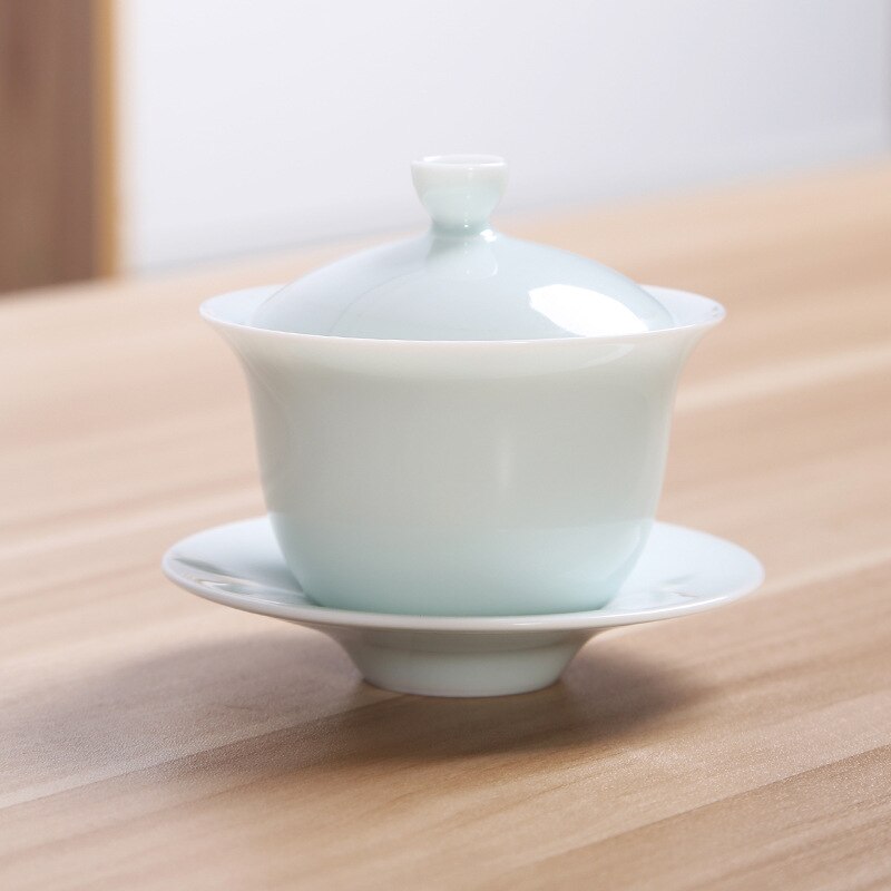 Chinese Traditional Tea Set Gaiwan White Porcelain Tea Set Tureen Cup Bowl Tea Ceremony Kung Fu Ceramics Flower Tea Master Cup: light green