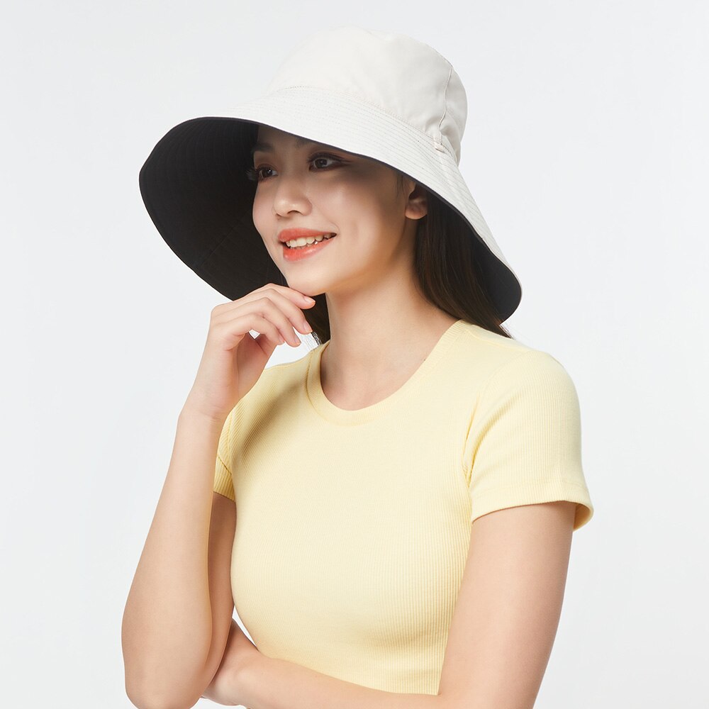 OhSunny Double-Sided Wearing Cap Solid Color Anti UV Sunscreen Bucket Hats For Women Summer Foldable Large Brim Fisherman Hat: Black Beige