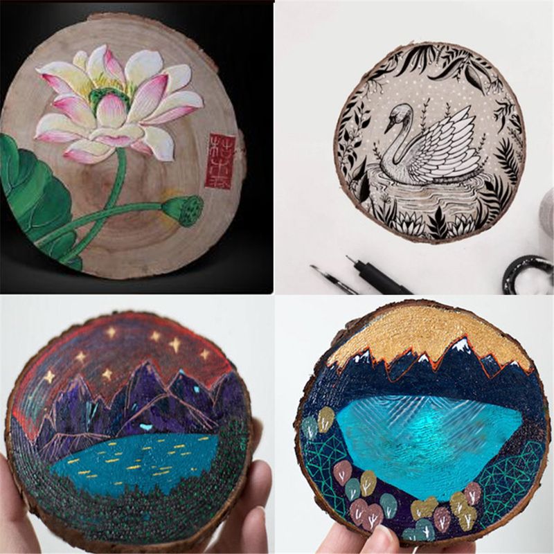 5pcs Unfinished Natural Round Wood Slices Circles With Tree Bark Log Discs T5EC