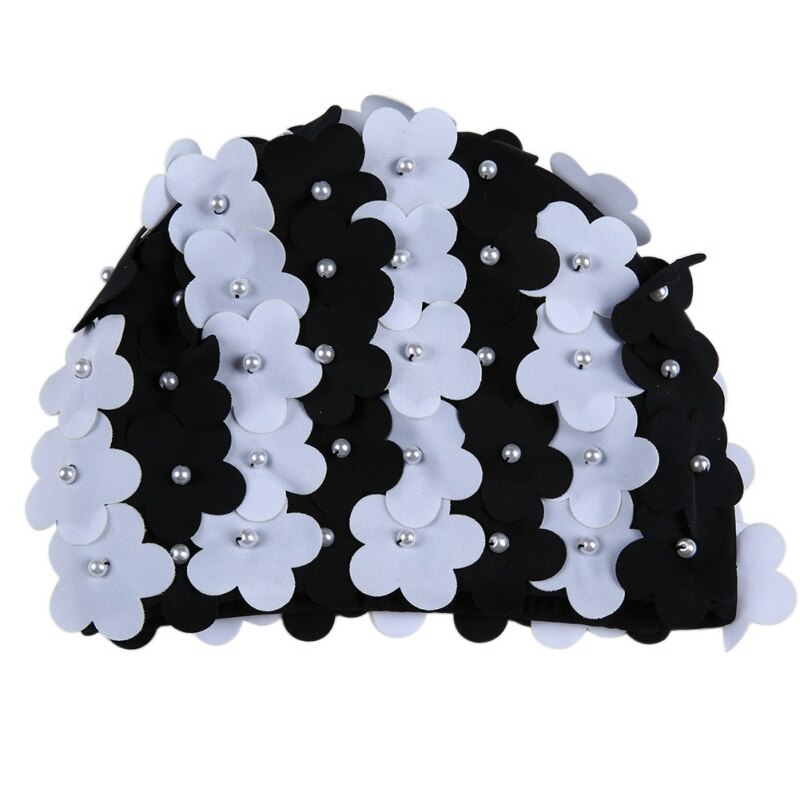 Handgemaakte zwemsportmuts dames parel gestikte bloemen bloemen elastische ademende strandmuts badmuts sportkleding lang haar: Wit