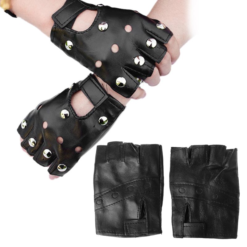 Boy Gloves Cool Hollow PU leather Biker Driving Gloves for Men Black Half Finger Gloves Fingerless Gloves Punk Gloves