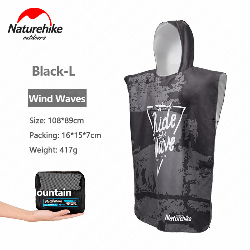 Naturehike Swimming Towel Unisex Sunscreen Quick-drying Microfiber Moisture Beach Towel Ultralight Travel Poncho Cloak Surf: Black-L