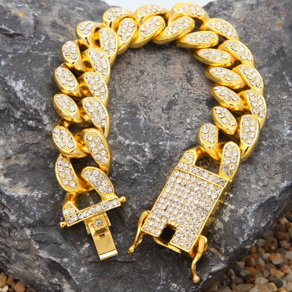 HipHop Men Iced Out Cuban Link Bracelet Simulated Diamonds Bracelet Cuban Links &amp; Chains Alloy Bracelet for Bangle Male Jewelry