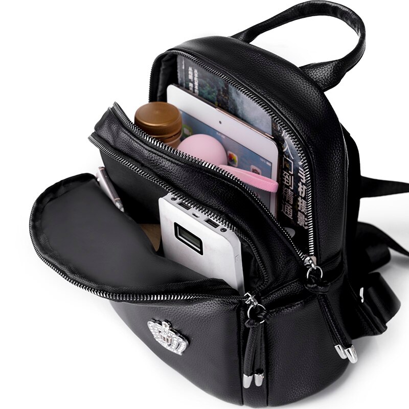 Zacht Leer Crown Decoratie Vrouwen Rugzak Effen Kleur Grote Capaciteit Mode Rugzak Vrouwelijke Casual Reizen Draagbare Bagpack