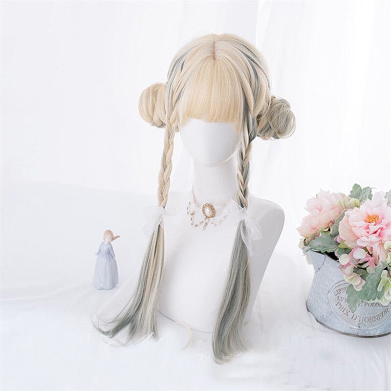 Cosplaysalon 67CM Blonde Mixed Ash Blue Ombre Long Wavy Bangs Cute Halloween Synthetic Hair Women Cosplay Wig