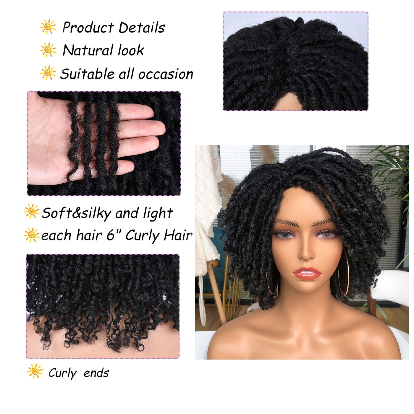 Hihoo Dreadlock Curly Wig Soft Short Synthetic Natural Hair Wigs With Bangs For Black Women Ombre Crochet Twist Hair Wigs 14''