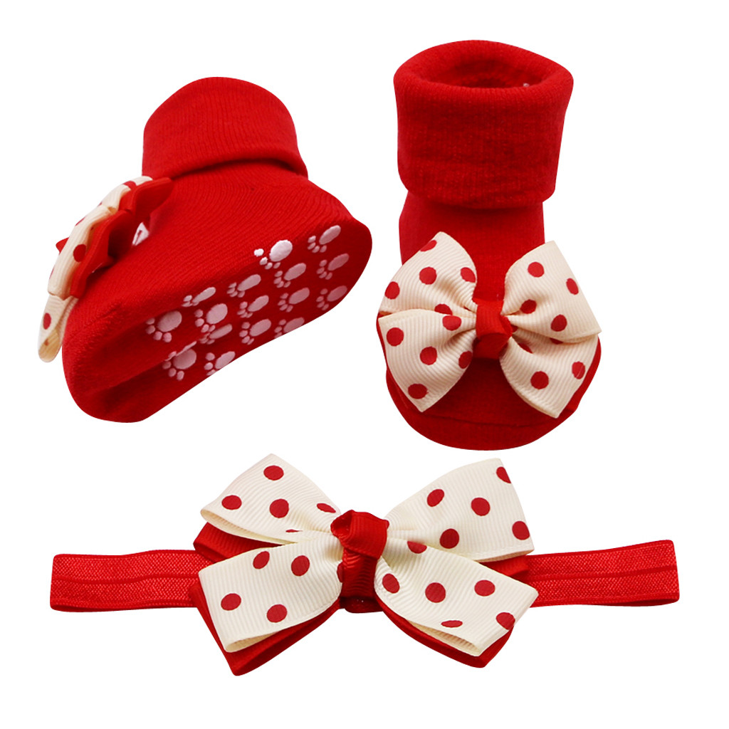 Baby Kleinkind Socken + 1PC Haar Gürtel Kleinkind Mädchen Bogen Welle Punkt Anti-Unterhose Baumwolle freundlicher Socken freundlicher Mädchen Herbst Warme Socken