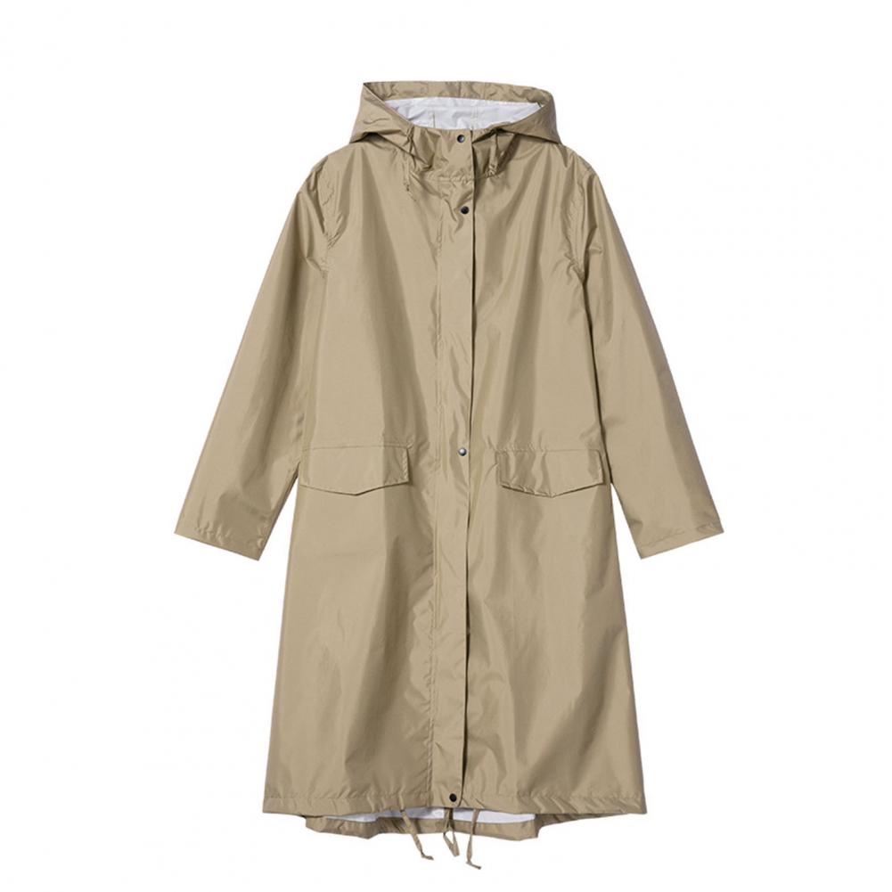 Women Long Raincoat Waterproof Rain Jacket with Hood Solid Color Raincoat Waterproof 210D Polyester Cloth Unisex Rain Jacket: Khaki / L