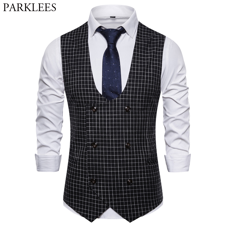 Mens Classic Plaid Pak Vest Double Breasted Jurk Vesten Slim Fit Busienss Formele Tuxedo Vest Mannelijke