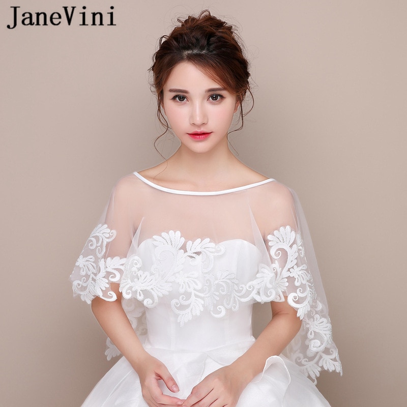 JaneVini Summer White Cape Lace Wedding Dress Shawls Appliques Shrug Women Bolero for Wedding Jackets Chaquetas De Mujer