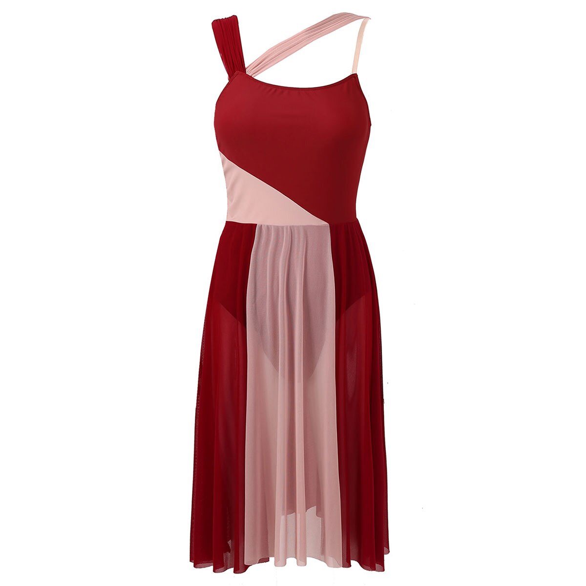 Vrouwen Volwassenen Mouwloze Mesh Schouderbanden Kleur Blok Turnpakje Jurk Voor Lyrical Moderne Hedendaagse Dans Kostuum Prestaties: Burgundy / XS