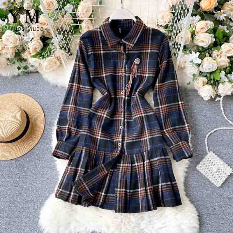 Yuoomuoo vintage rutig långärmad skjortklänning höst flicka college kort veckad klänning sundress casual damklänning: Blå